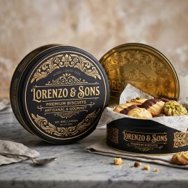 Luxury Embossed Gold Foil Tins for Premium Artisanal and Gourmet Biscuit Brands | Model LUX-GF-2024