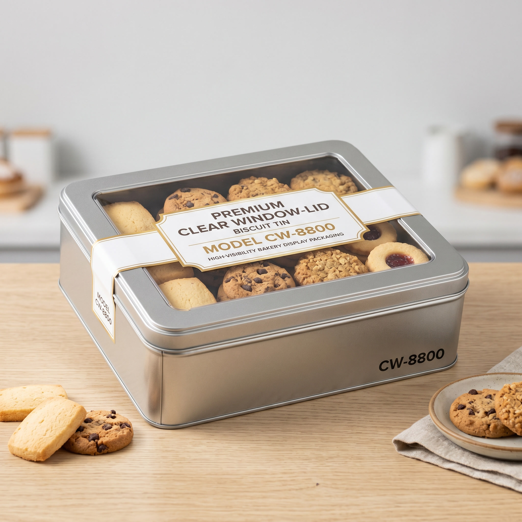 Premium Clear Window-Lid Biscuit Tins - Model CW-8800 - High-Visibility Bakery Display Packaging