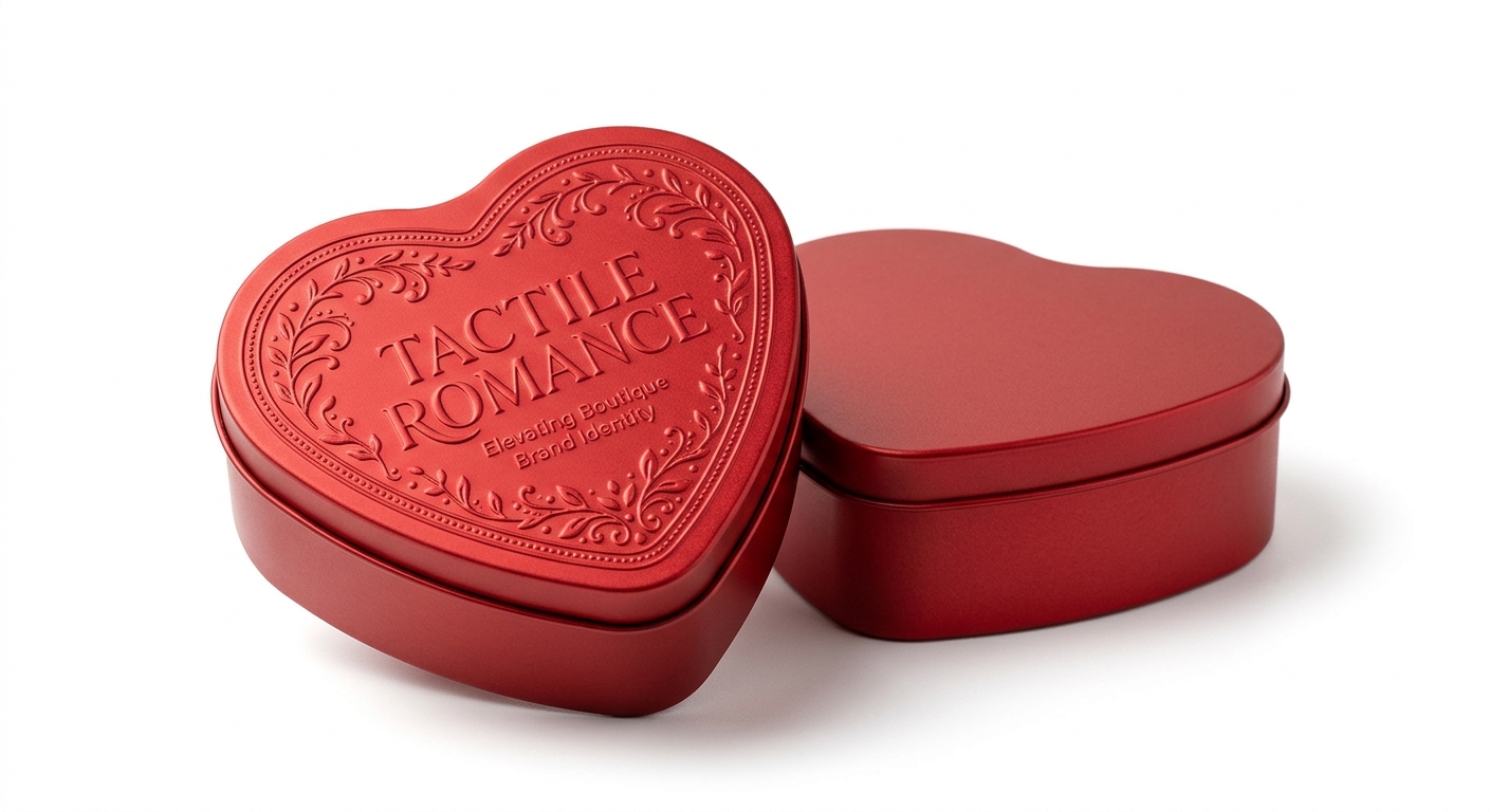 Tactile Romance: Elevating Boutique Brand Identity with Custom-Embossed Red Heart Tin Containers