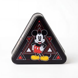 Geometric Charm: High-Definition Mickey Mouse Graphic Precision on Stackable Triangle Tin Boxes for Premium Gift Markets