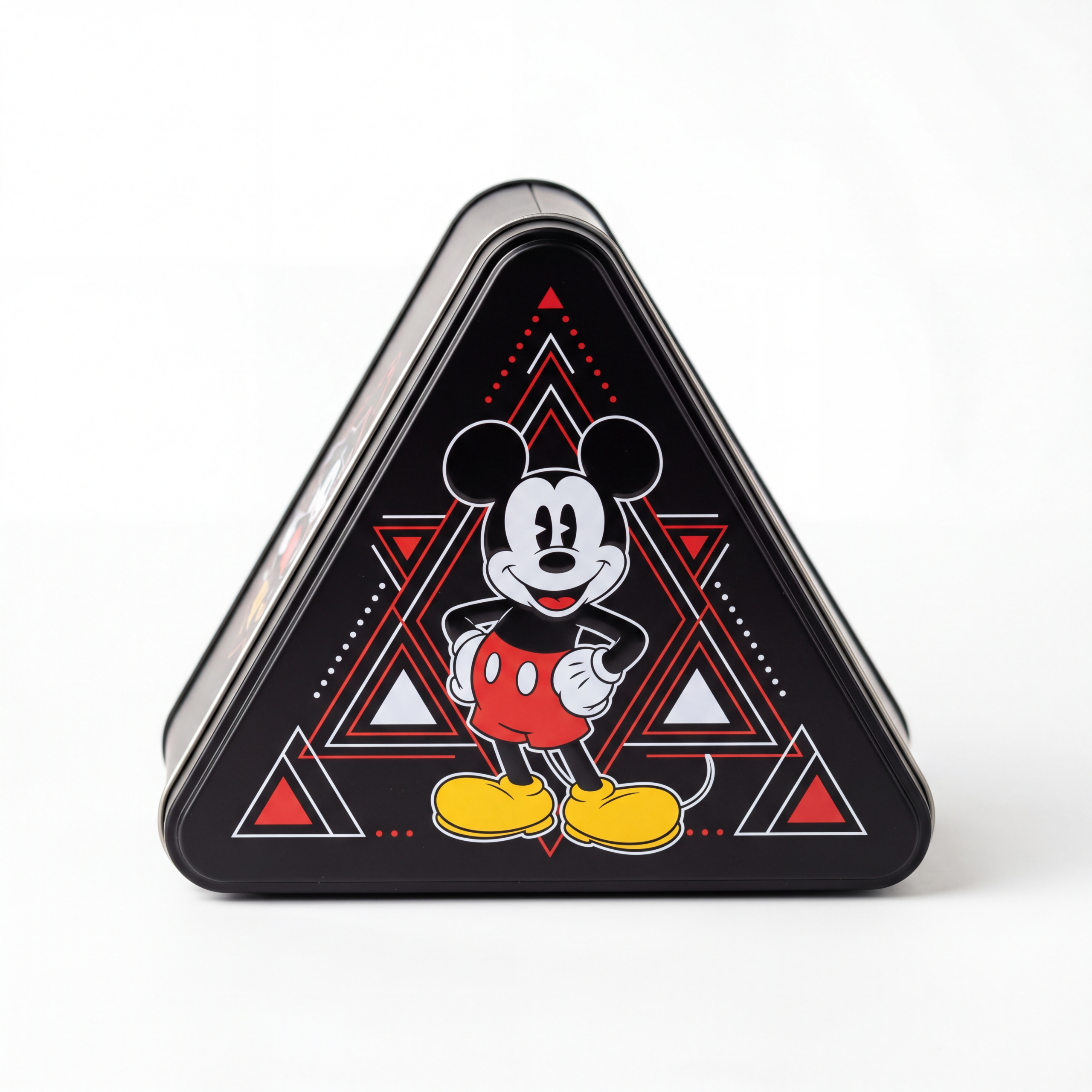 Geometric Charm: High-Definition Mickey Mouse Graphic Precision on Stackable Triangle Tin Boxes for Premium Gift Markets