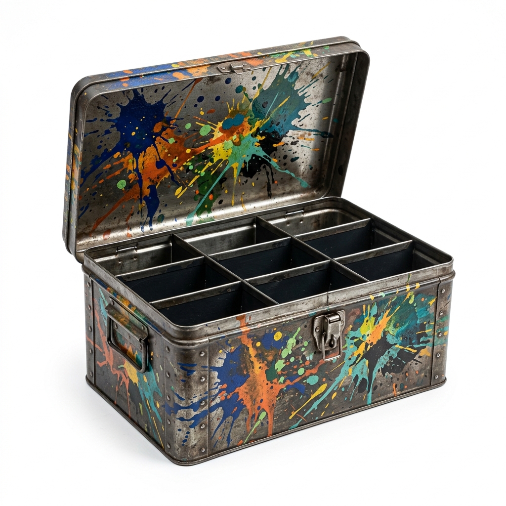 Unboxing Nostalgia: The Durability of Tin Meets Splash-Paint Artistry in a Multi-Compartment Organizer for the Modern US Student.